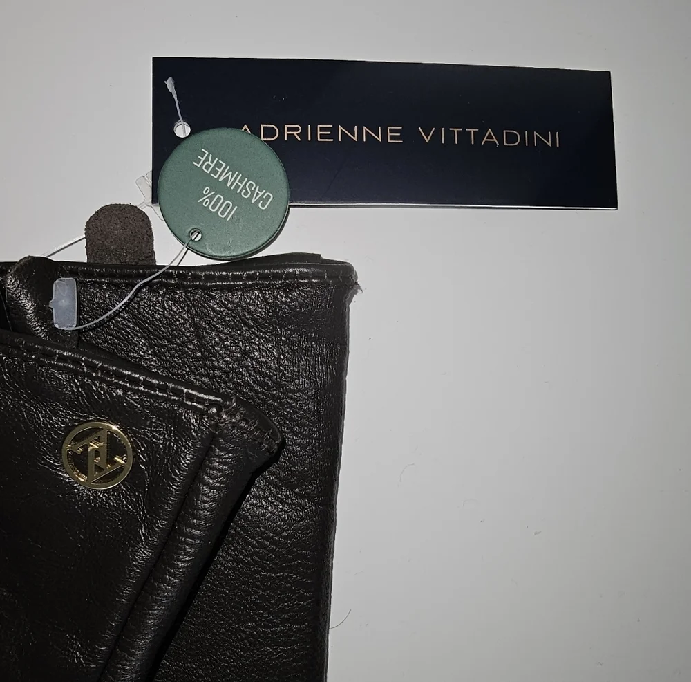 Adrienne Vittadini 100% Cashmere Lined, Genuine Leather Driving Gloves Brown